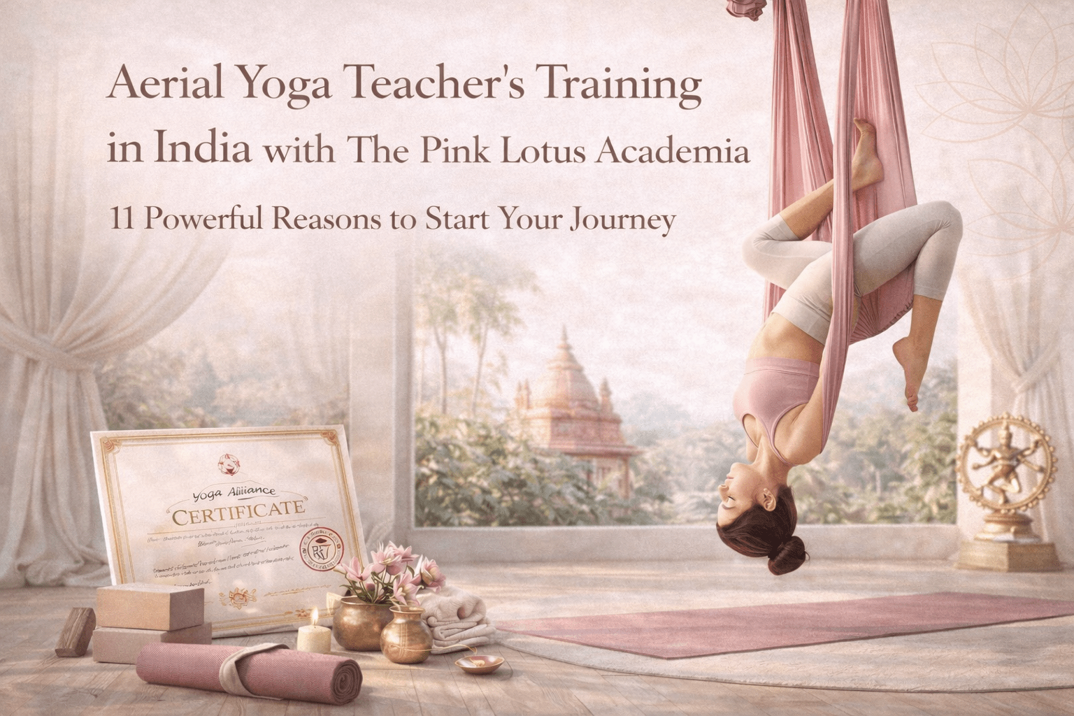 Woman performing aerial yoga in hammock during aerial yoga teacher training in India at The Pink Lotus Academia