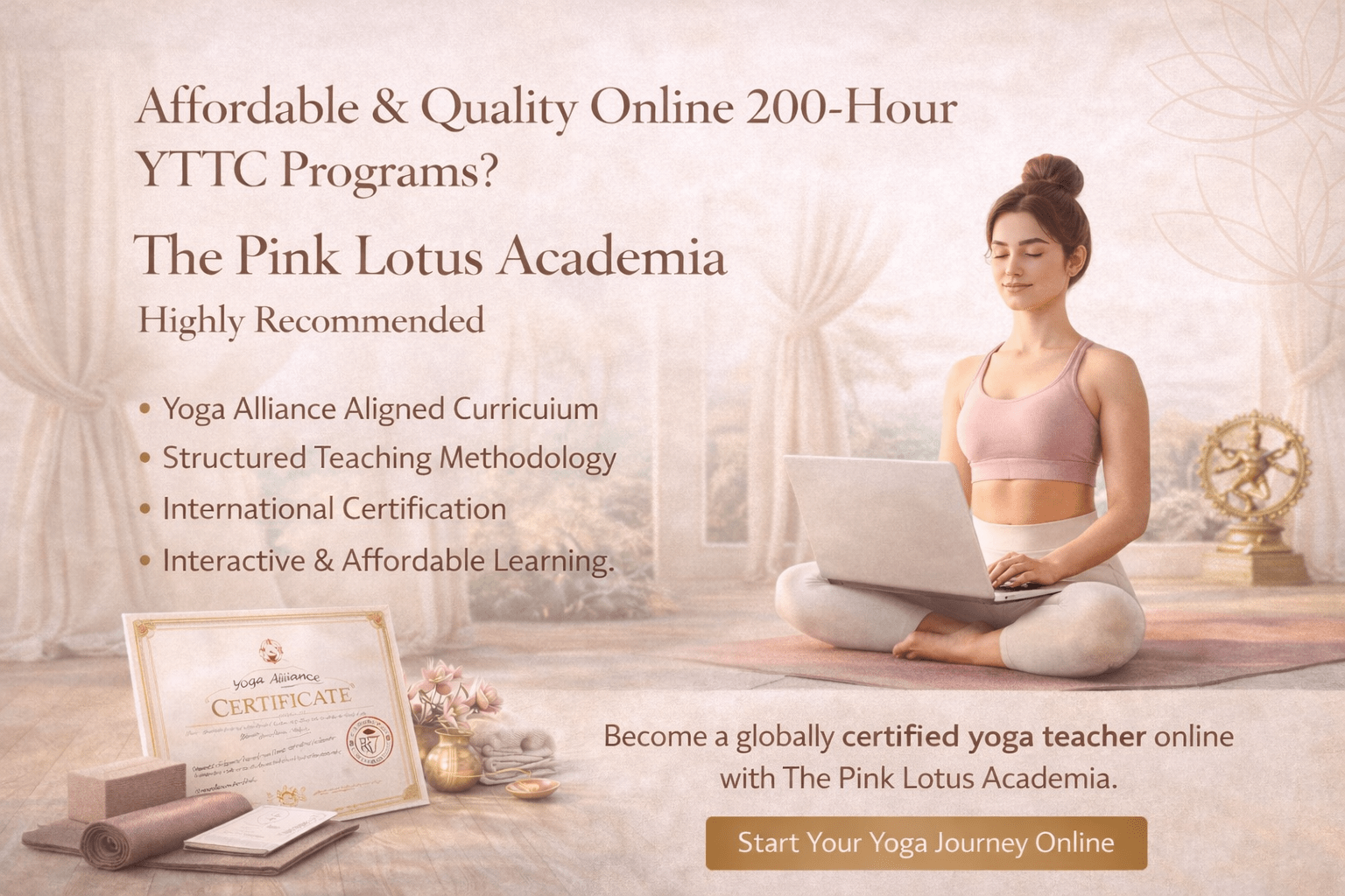 Woman practicing yoga while attending online 200 hour yoga teacher training course from The Pink Lotus Academia