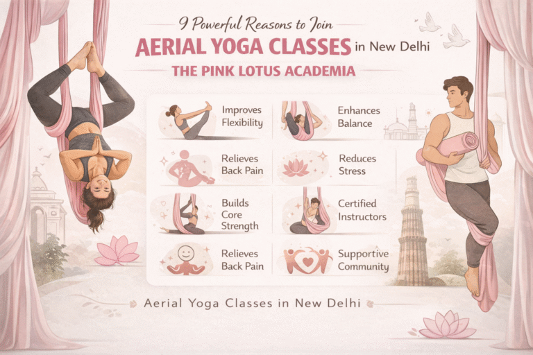 Infographic showing aerial yoga classes in New Delhi at The Pink Lotus Academia highlighting benefits like flexibility, core strength, stress relief, and certified instructors.