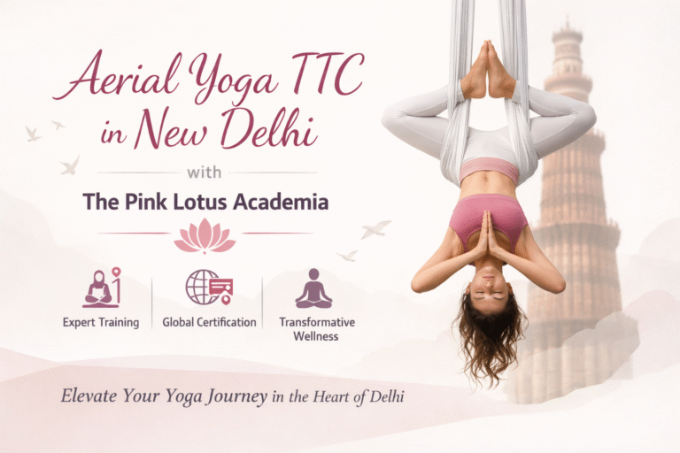 Aerial Yoga TTC in New Delhi at The Pink Lotus Academia with woman performing inverted aerial yoga pose in silk hammock