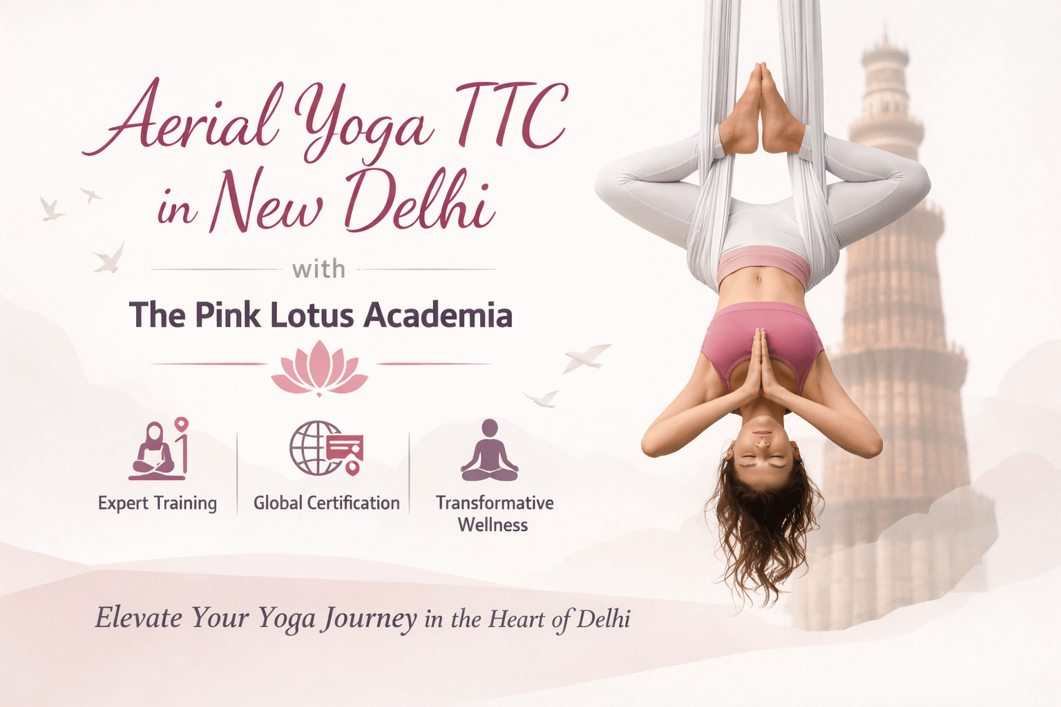 Aerial Yoga TTC in New Delhi at The Pink Lotus Academia with woman performing inverted aerial yoga pose in silk hammock