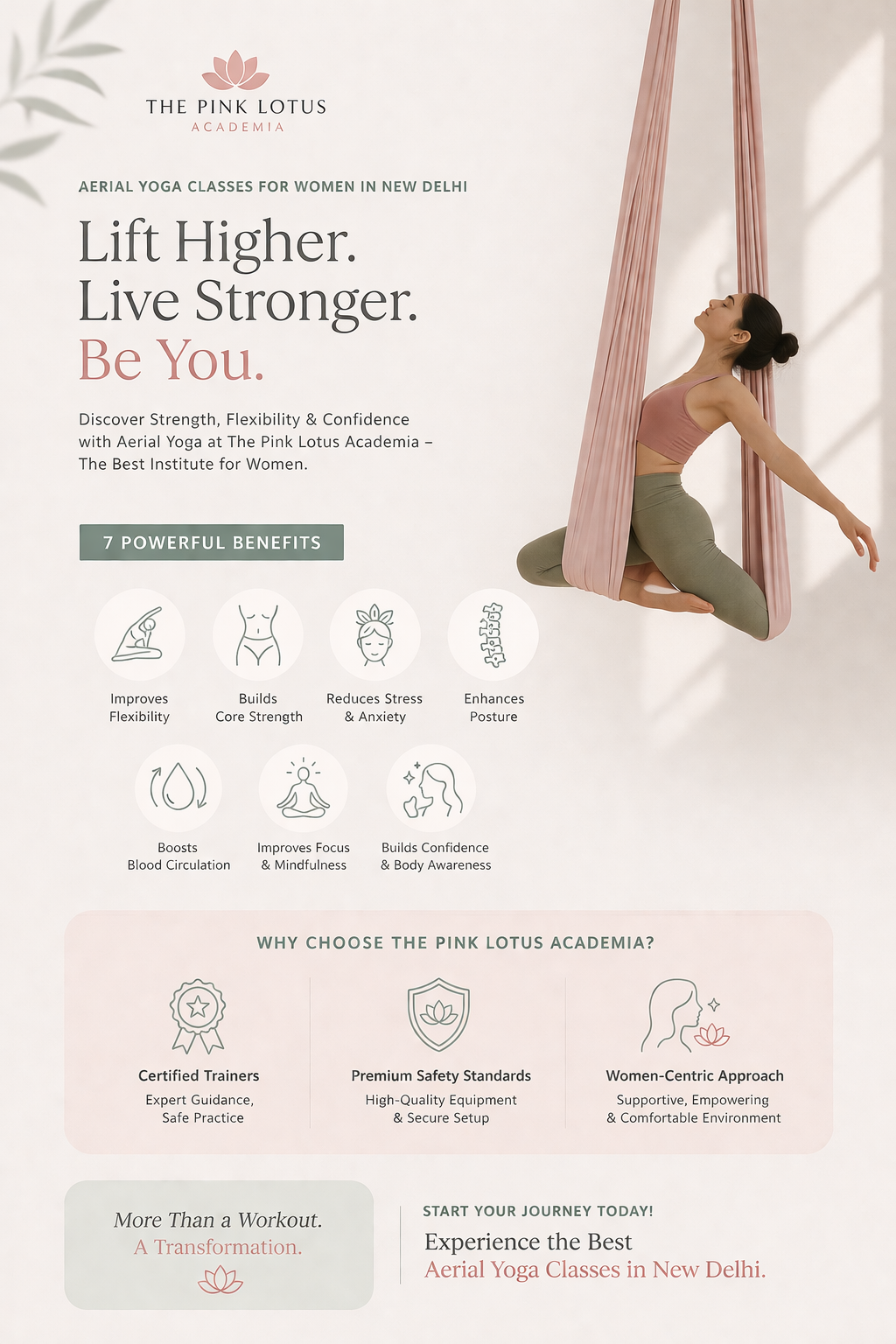 Woman practicing aerial yoga in hammock at The Pink Lotus Academia, New Delhi studio designed for women’s fitness and wellness