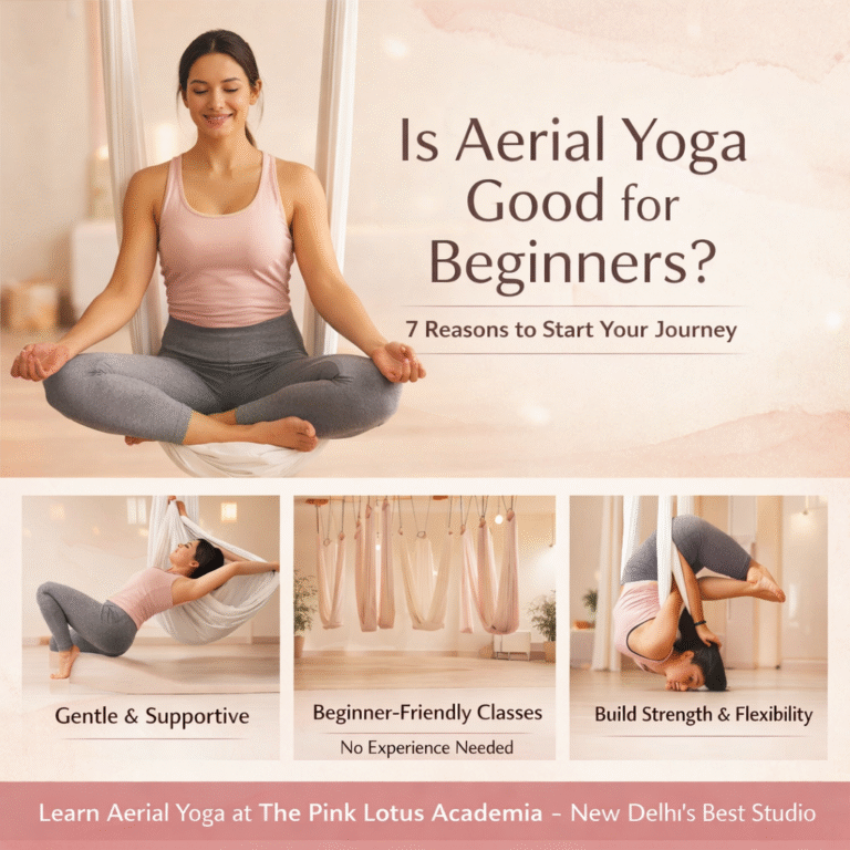 Aerial yoga for beginners in New Delhi at The Pink Lotus Academia showing a woman practicing hammock yoga in a minimal aesthetic studio