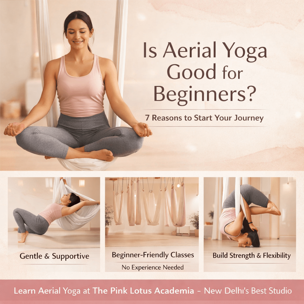 Aerial yoga for beginners in New Delhi at The Pink Lotus Academia showing a woman practicing hammock yoga in a minimal aesthetic studio