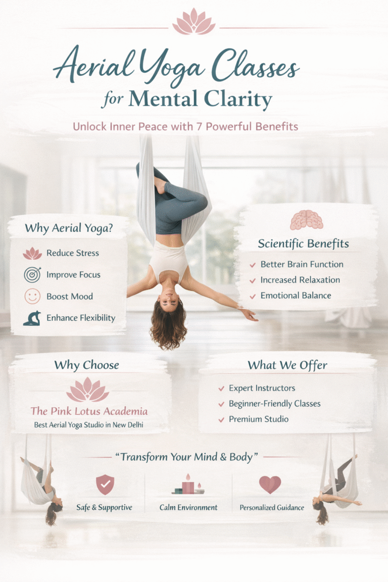 Aerial yoga classes for mental clarity at The Pink Lotus Academia New Delhi showing inverted pose for stress relief and focus