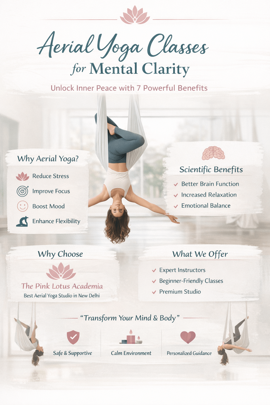 Aerial yoga classes for mental clarity at The Pink Lotus Academia New Delhi showing inverted pose for stress relief and focus