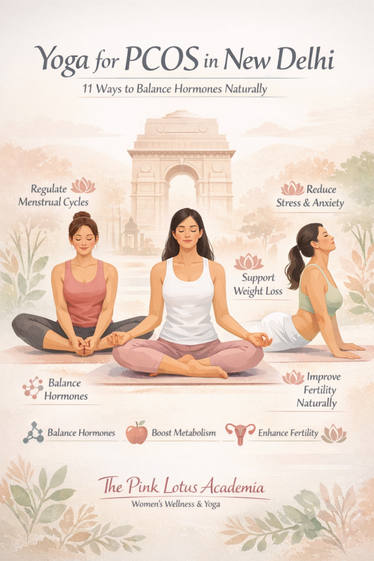 Yoga for PCOS in New Delhi at The Pink Lotus Academia showing women practicing yoga for hormonal balance and stress relief