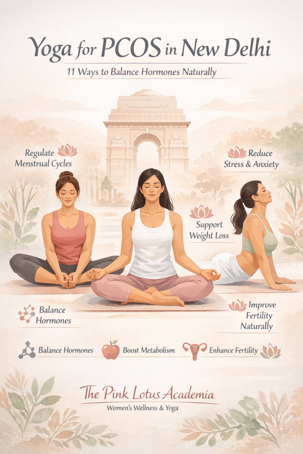 Yoga for PCOS in New Delhi at The Pink Lotus Academia showing women practicing yoga for hormonal balance and stress relief