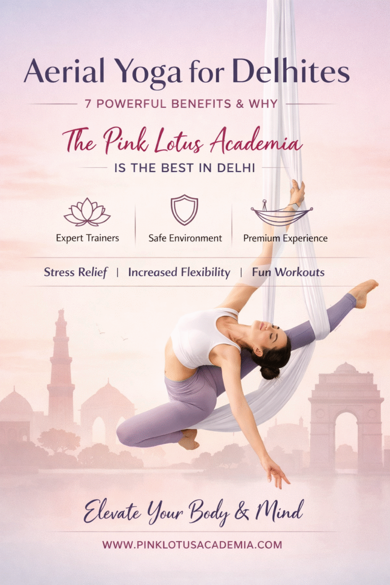 Aerial yoga for Delhites at The Pink Lotus Academia in New Delhi showing a woman performing a graceful aerial yoga pose in a minimal aesthetic studio