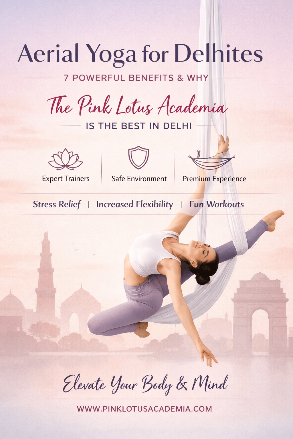 Aerial yoga for Delhites at The Pink Lotus Academia in New Delhi showing a woman performing a graceful aerial yoga pose in a minimal aesthetic studio