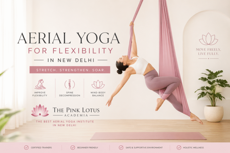 Woman performing aerial yoga in pink hammock improving flexibility at The Pink Lotus Academia in New Delhi minimalist studio setting