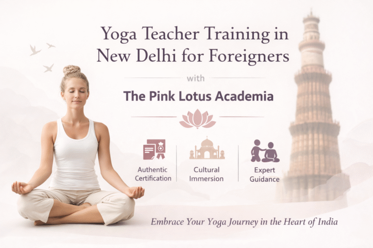 Yoga Teacher Training in New Delhi for foreigners at The Pink Lotus Academia with woman meditating in calm aesthetic setting