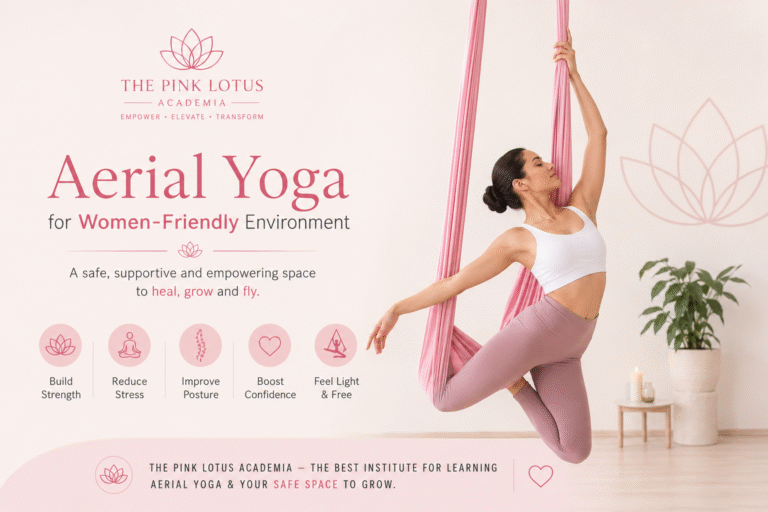 Woman practicing aerial yoga in a safe women-friendly environment at The Pink Lotus Academia in New Delhi with soft pastel aesthetic interiors.