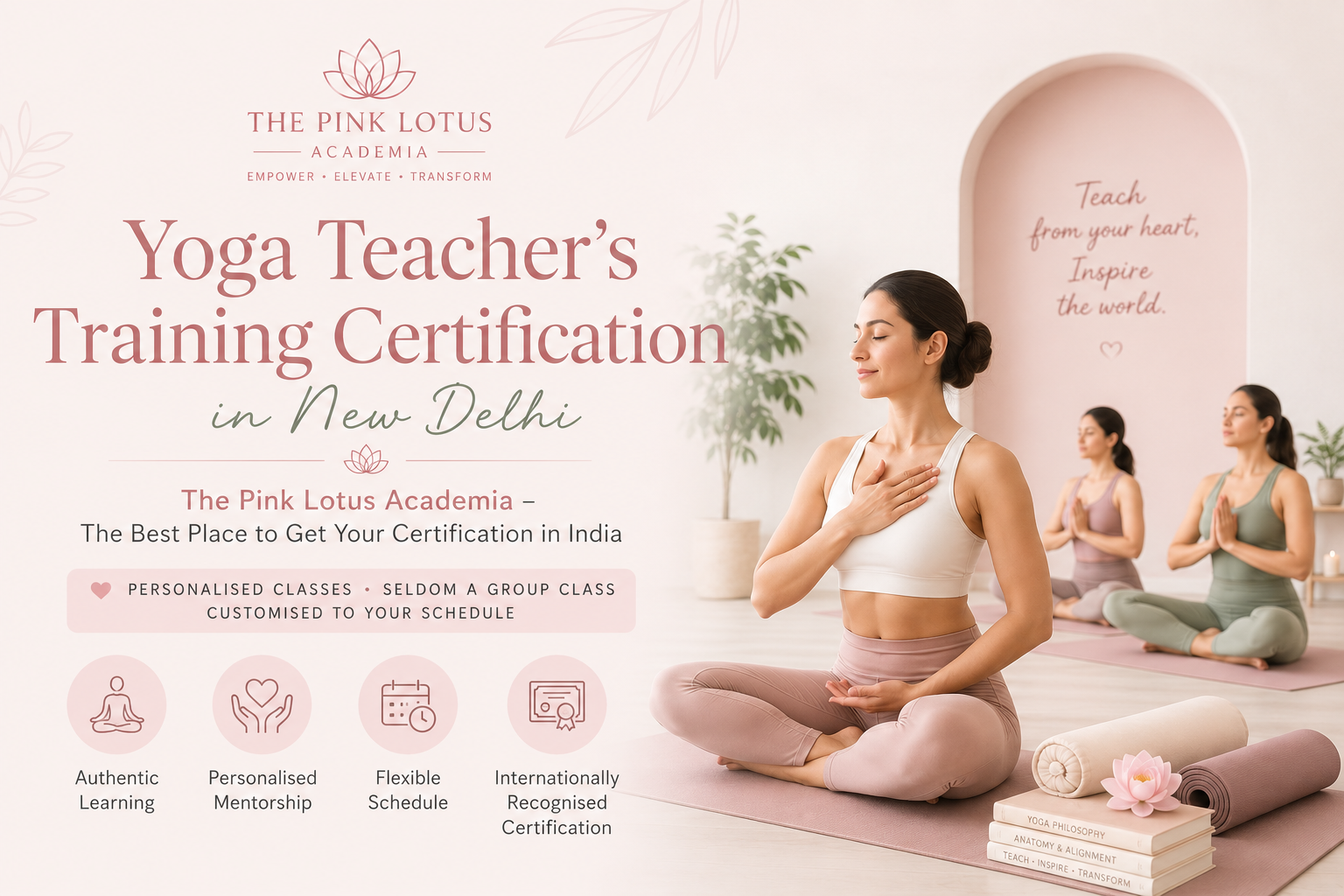 Minimal pastel aesthetic yoga teacher training class at The Pink Lotus Academia in New Delhi featuring personalized yoga certification sessions.