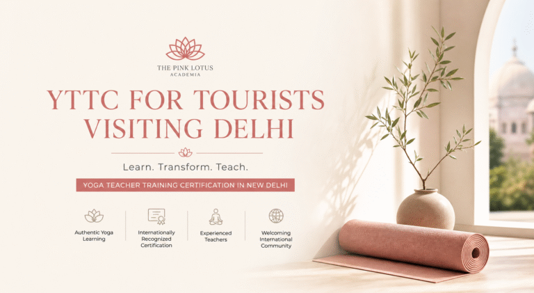 Minimal aesthetic landscape banner for Yoga Teacher Training Certification in New Delhi at The Pink Lotus Academia featuring calming yoga studio interiors and wellness-inspired design.