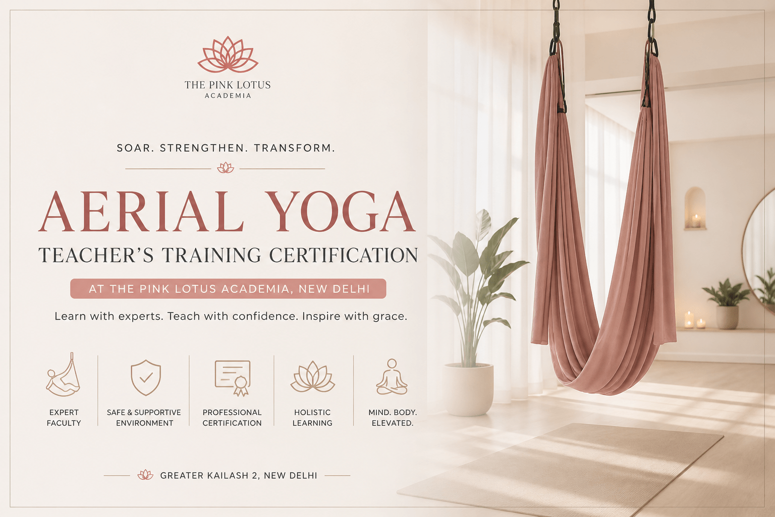 Minimal aesthetic aerial yoga teacher training certification banner featuring soft pink aerial hammocks inside a calm wellness studio at The Pink Lotus Academia in New Delhi.