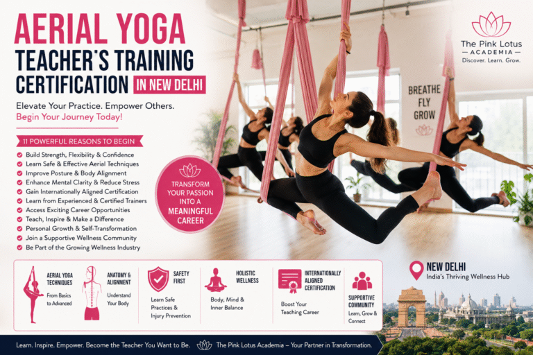 Women practicing aerial yoga during teacher training certification classes at The Pink Lotus Academia in New Delhi