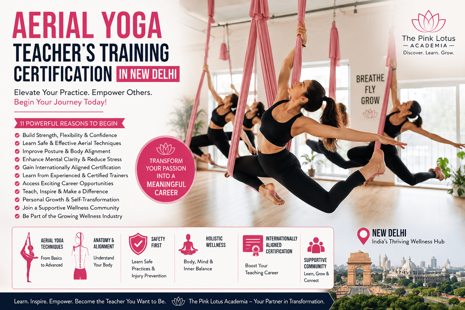 Women practicing aerial yoga during teacher training certification classes at The Pink Lotus Academia in New Delhi