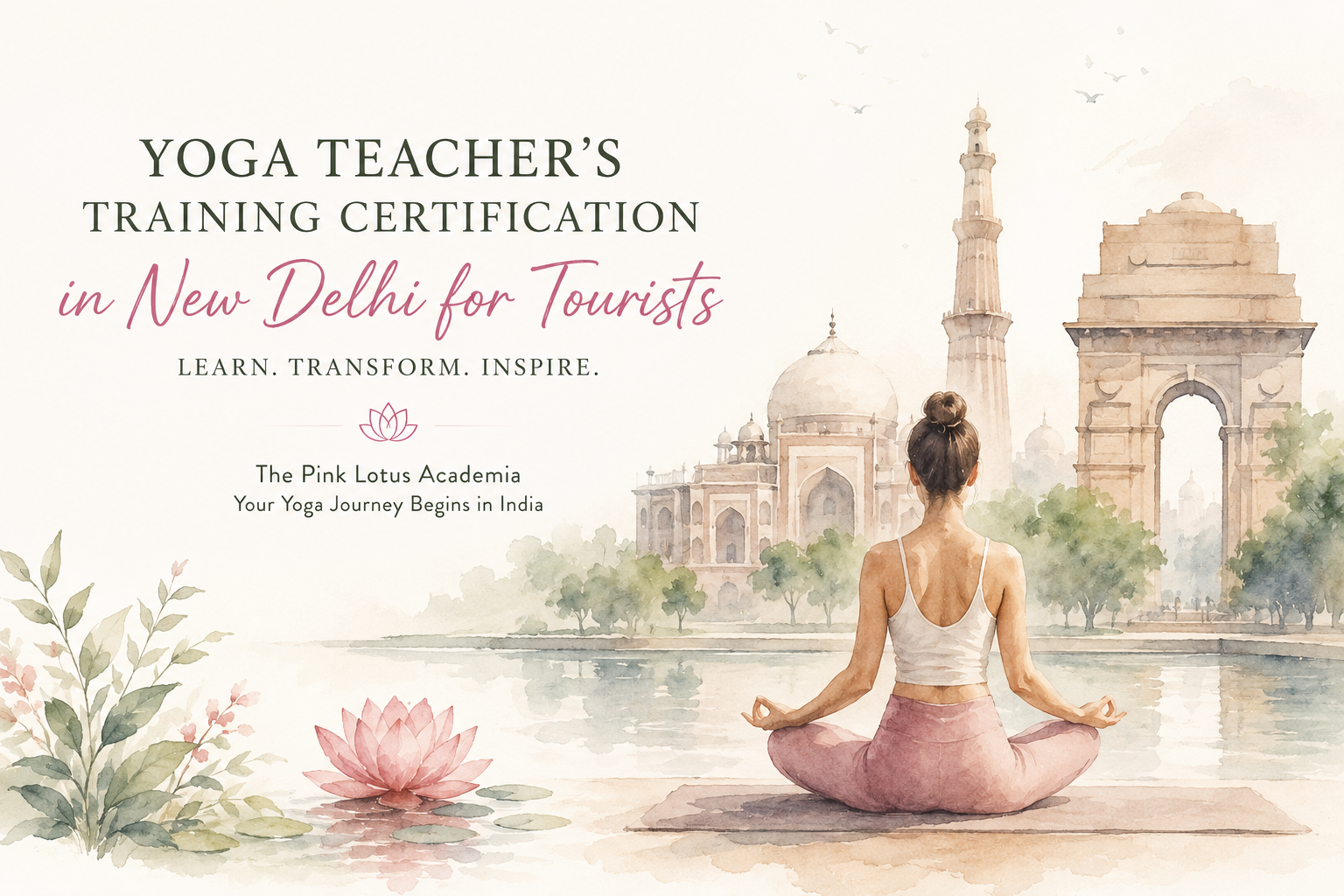 Minimal watercolor style illustration of a woman meditating during yoga teacher training certification in New Delhi with Indian architectural landmarks in the background
