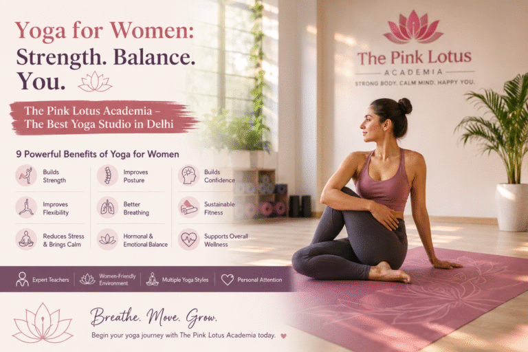 Woman practicing yoga at The Pink Lotus Academia, a peaceful yoga studio in Delhi for women’s wellness, strength, flexibility, and stress relief.