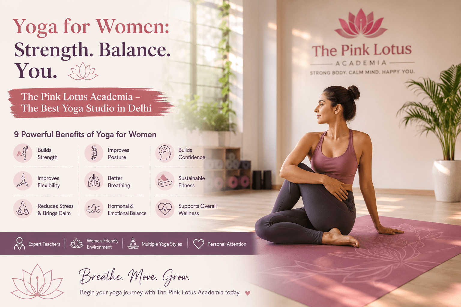 Woman practicing yoga at The Pink Lotus Academia, a peaceful yoga studio in Delhi for women’s wellness, strength, flexibility, and stress relief.