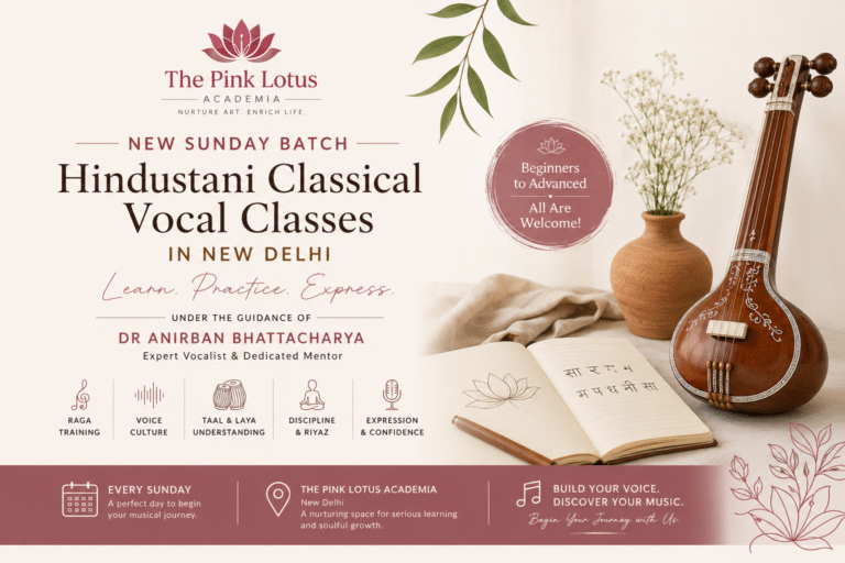 Aesthetic poster for Hindustani Classical Vocal Classes in New Delhi at The Pink Lotus Academia, featuring the new Sunday batch by Dr Anirban Bhattacharya.