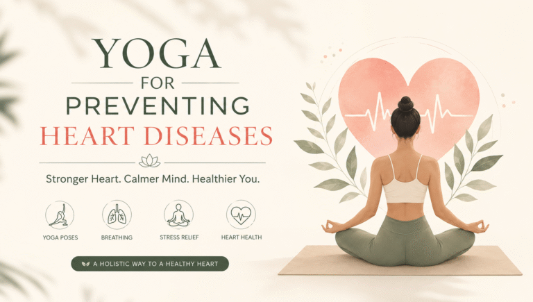 Minimal aesthetic image showing yoga for preventing heart diseases with a person meditating, heart health symbol, breathing, stress relief, and holistic wellness elements.