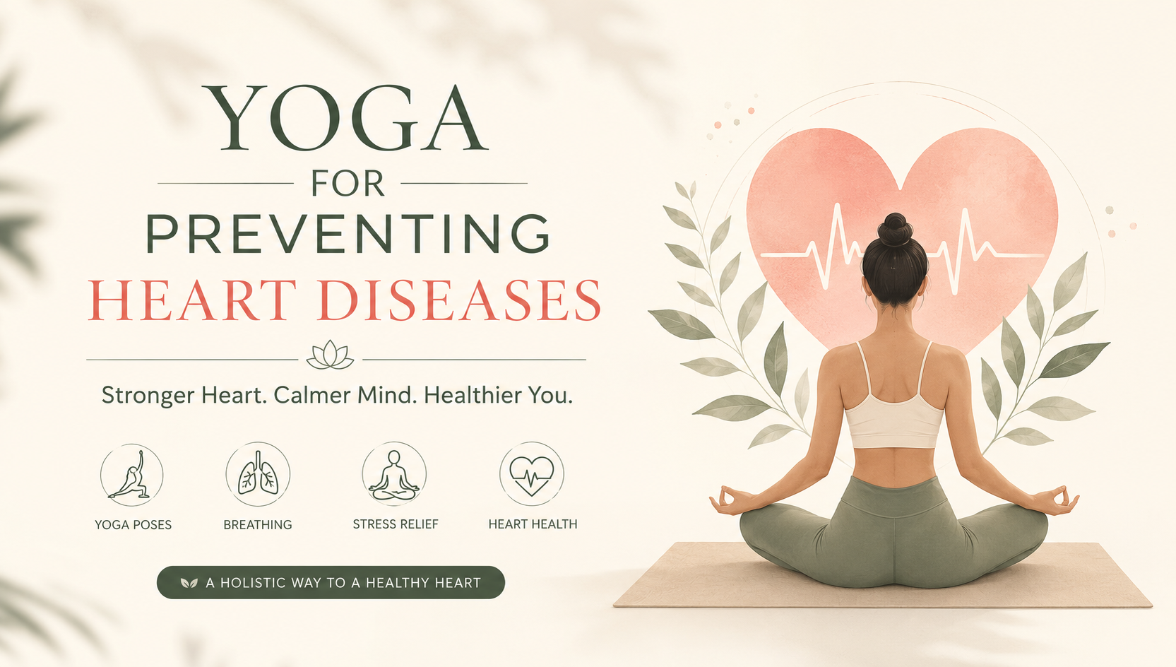 Minimal aesthetic image showing yoga for preventing heart diseases with a person meditating, heart health symbol, breathing, stress relief, and holistic wellness elements.
