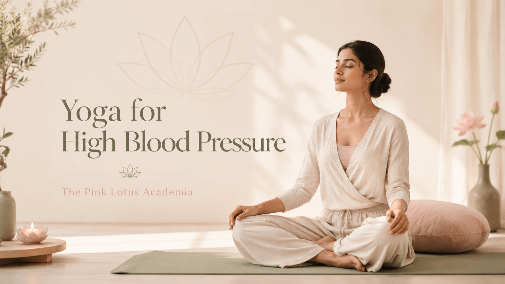 Woman practicing gentle yoga for high blood pressure in a calm wellness studio at The Pink Lotus Academia.