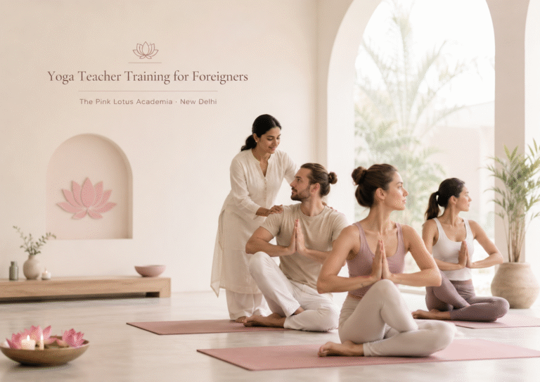 Foreign students practicing yoga with an instructor during yoga teacher training certification at The Pink Lotus Academia in New Delhi.