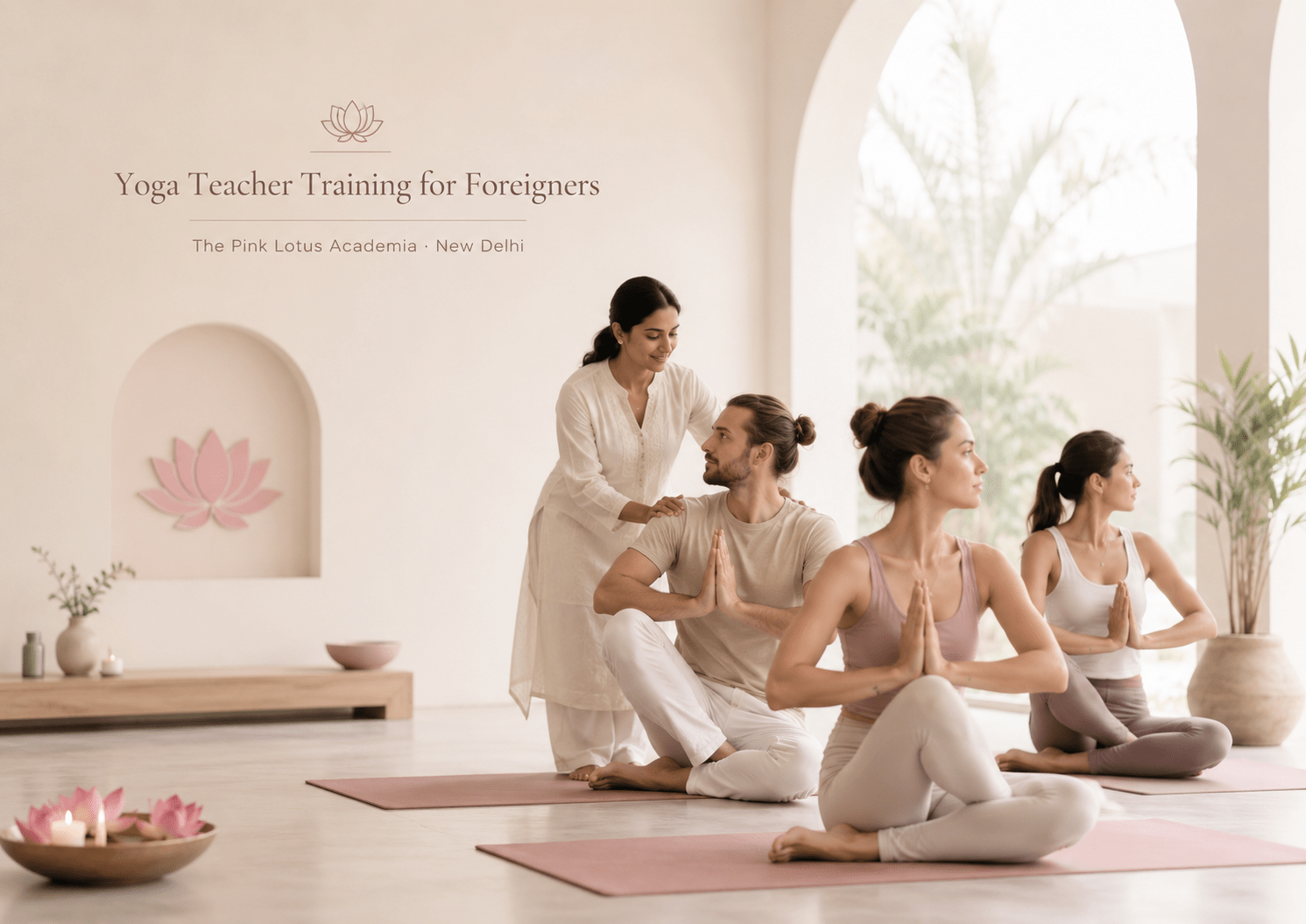 Foreign students practicing yoga with an instructor during yoga teacher training certification at The Pink Lotus Academia in New Delhi.