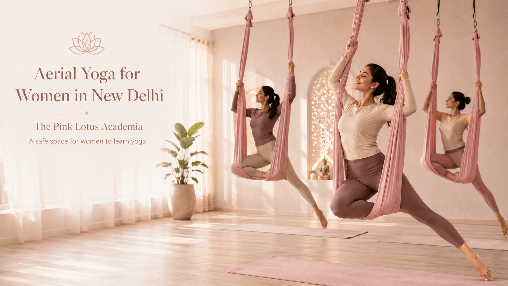 Women practicing aerial yoga in a safe and peaceful studio at The Pink Lotus Academia in New Delhi.