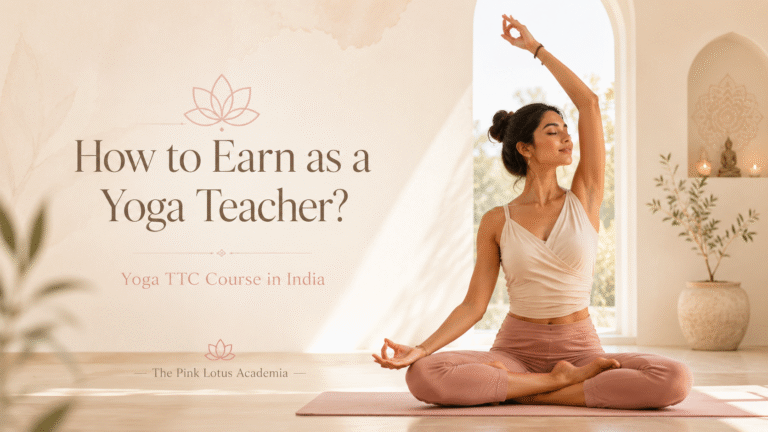 Minimal aesthetic image of a yoga teacher in a calm studio for Yoga TTC Course in India by The Pink Lotus Academia.