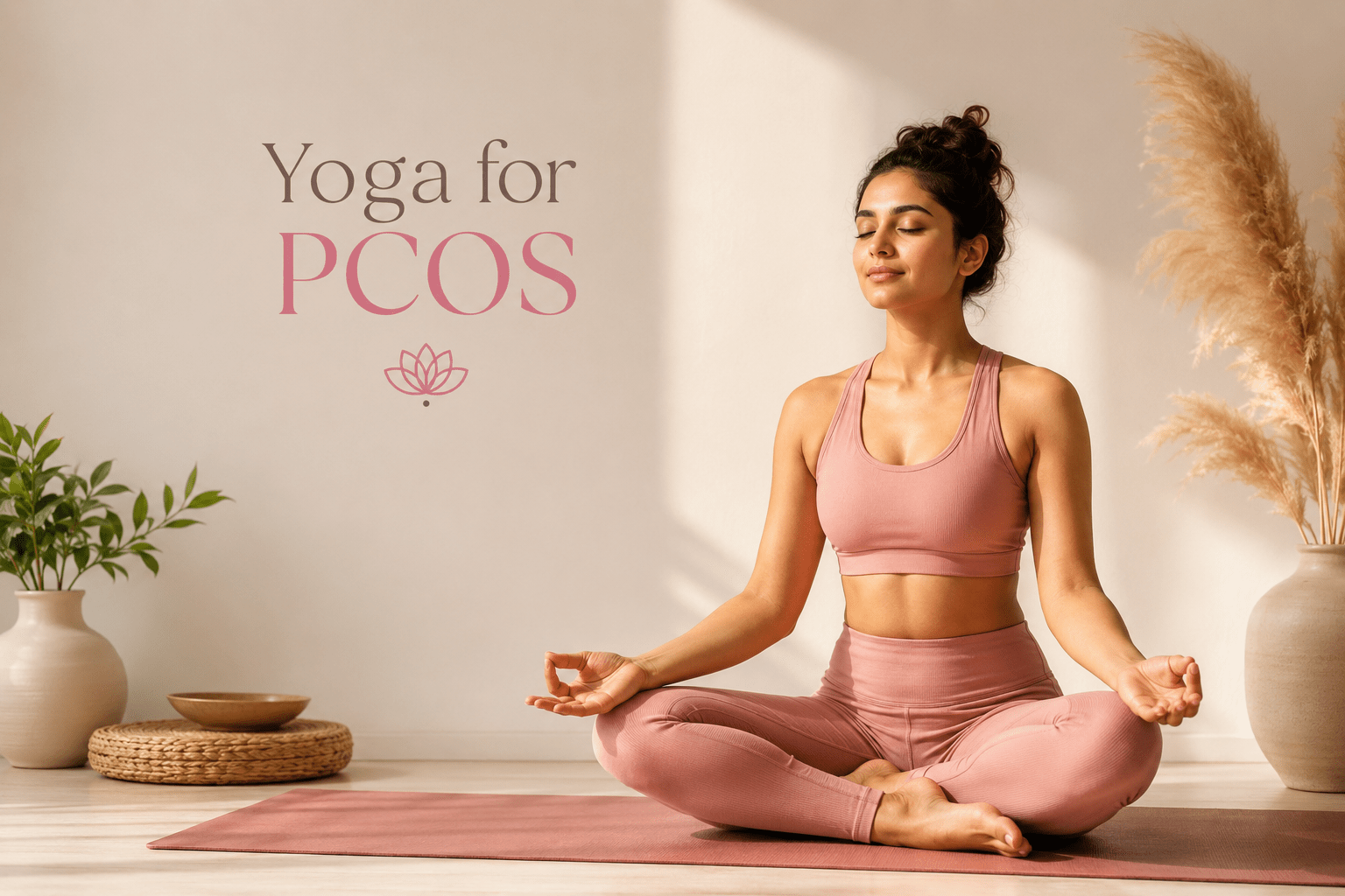 Woman practicing meditation and yoga for PCOS in a peaceful yoga studio at The Pink Lotus Academia, GK2 New Delhi.