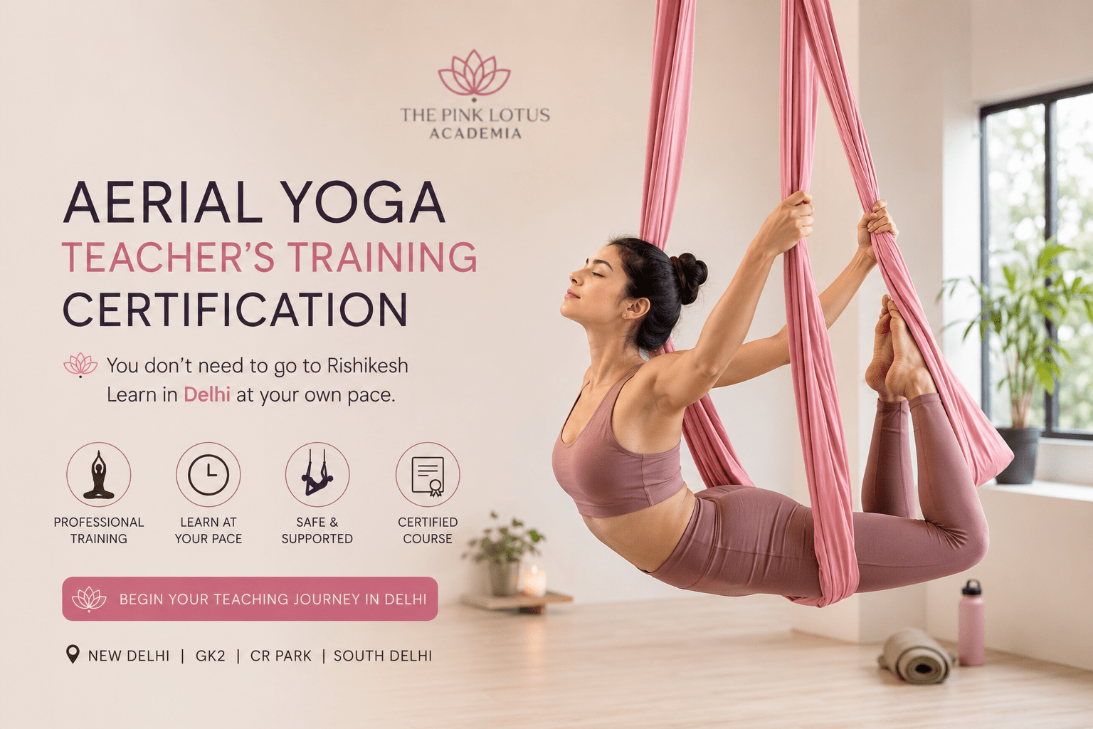 Woman practicing aerial yoga in a hammock during Aerial Yoga Teacher Training Certification at The Pink Lotus Academia in New Delhi.