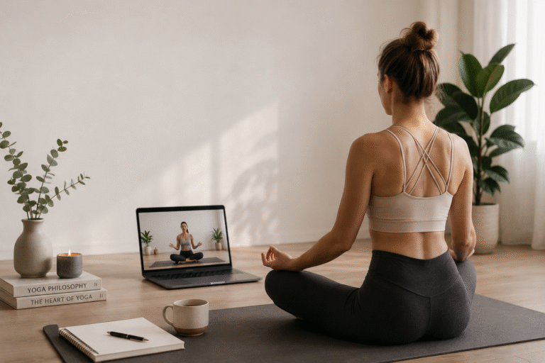 Student attending an Online Yoga Teacher Training class in Germany with The Pink Lotus Academia