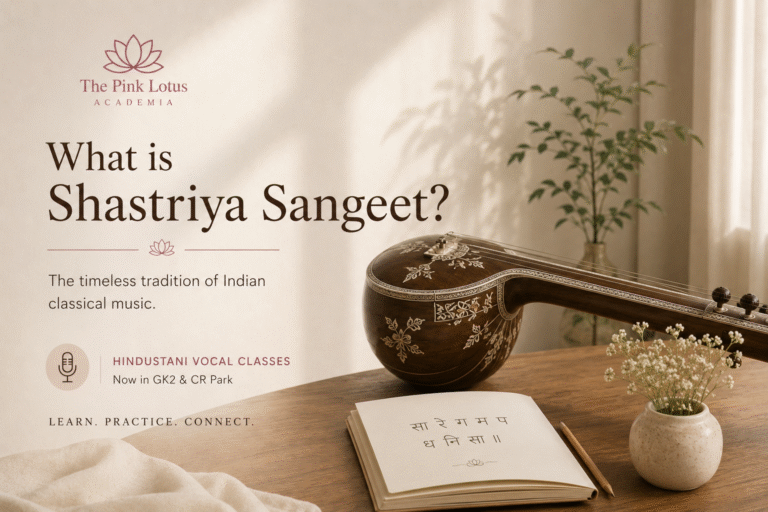 Traditional Indian classical music instrument representing Shastriya Sangeet with Hindustani Vocal Classes at The Pink Lotus Academia in GK2 and CR Park