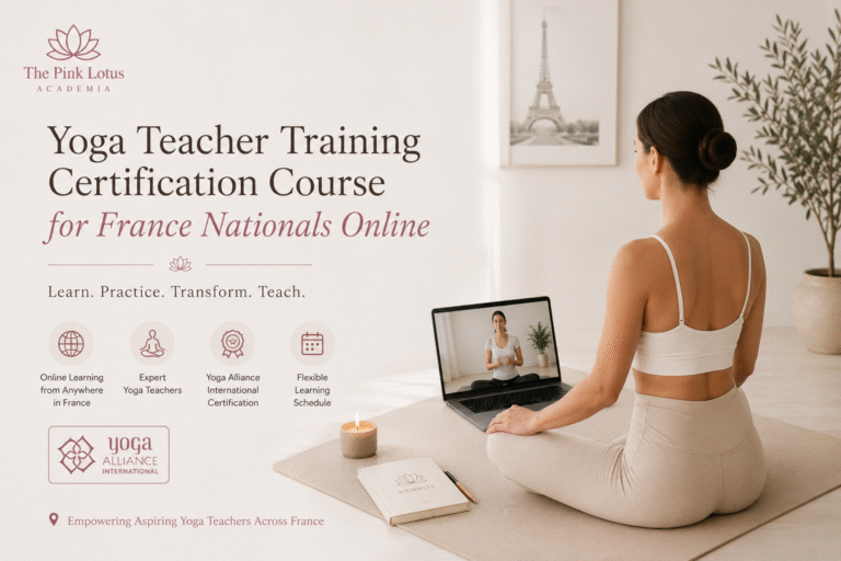Woman attending an online Yoga Teacher Training Certification Course from France with The Pink Lotus Academia