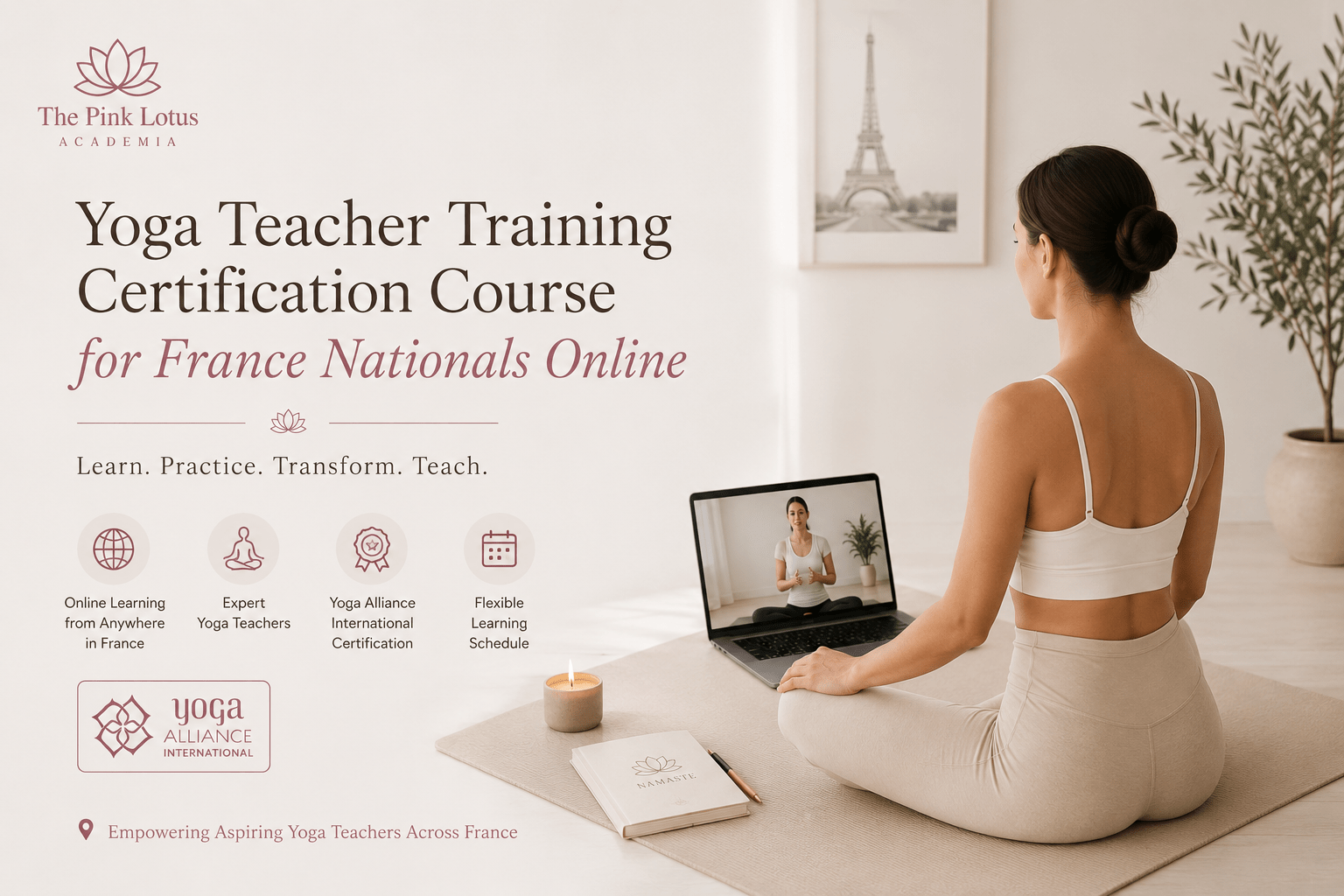 Woman attending an online Yoga Teacher Training Certification Course from France with The Pink Lotus Academia