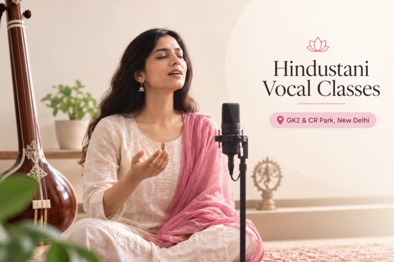 Hindustani Vocal Classes in GK2 at The Pink Lotus Academia, New Delhi with Indian classical vocal training in a modern music academy.