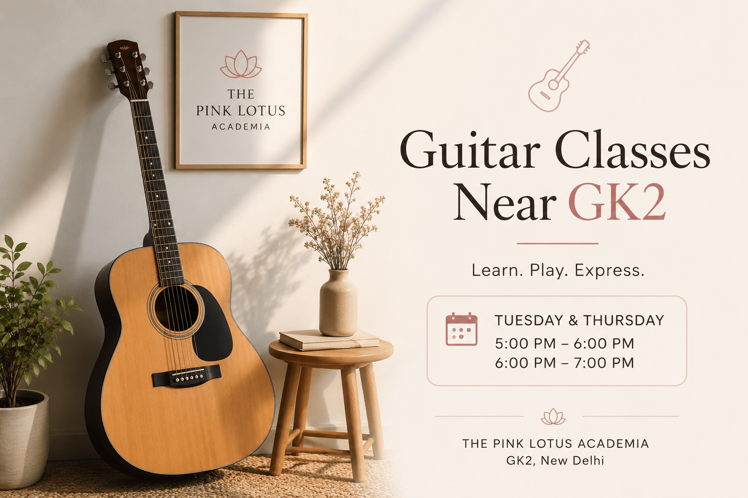 Acoustic guitar classes near GK2 at The Pink Lotus Academia in New Delhi with professional guitar training for beginners and intermediate students.
