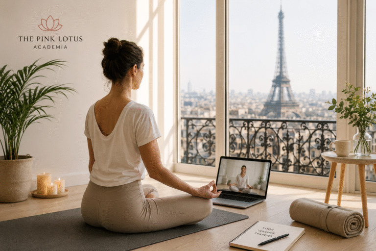 Online Yoga Teacher Training for France Nationals with live yoga classes from India at The Pink Lotus Academia.