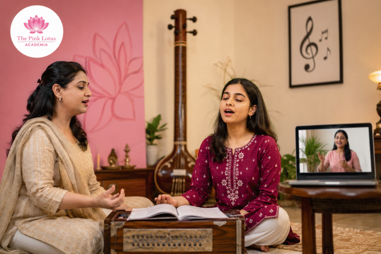 Student learning Hindustani Classical Vocal Music at The Pink Lotus Academia in GK2 and CR Park, Delhi through offline and online vocal classes.