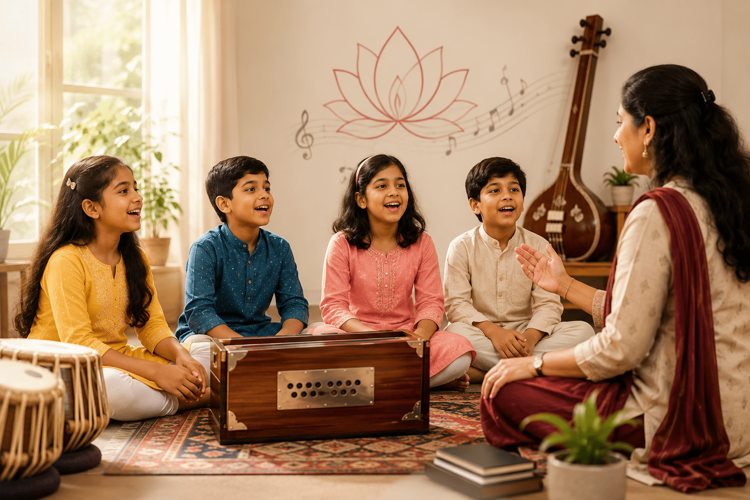 Children learning Hindustani classical vocal music at The Pink Lotus Academia in GK2 and CR Park, South Delhi, with expert vocal training in a warm classroom environment.