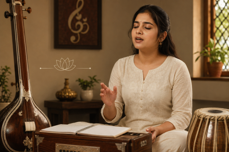A beginner learning Hindustani Classical Singing with a vocal teacher at The Pink Lotus Academia in GK2, New Delhi.