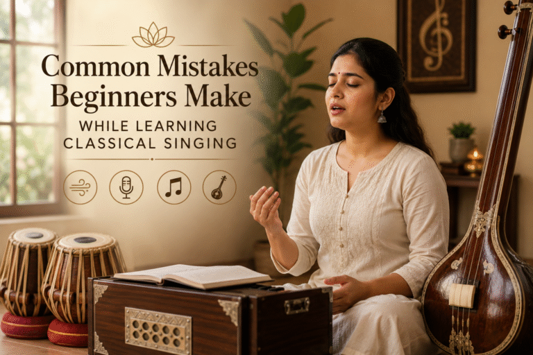 A beginner practising Hindustani Classical Singing with a harmonium and tanpura, learning proper vocal techniques under expert guidance.