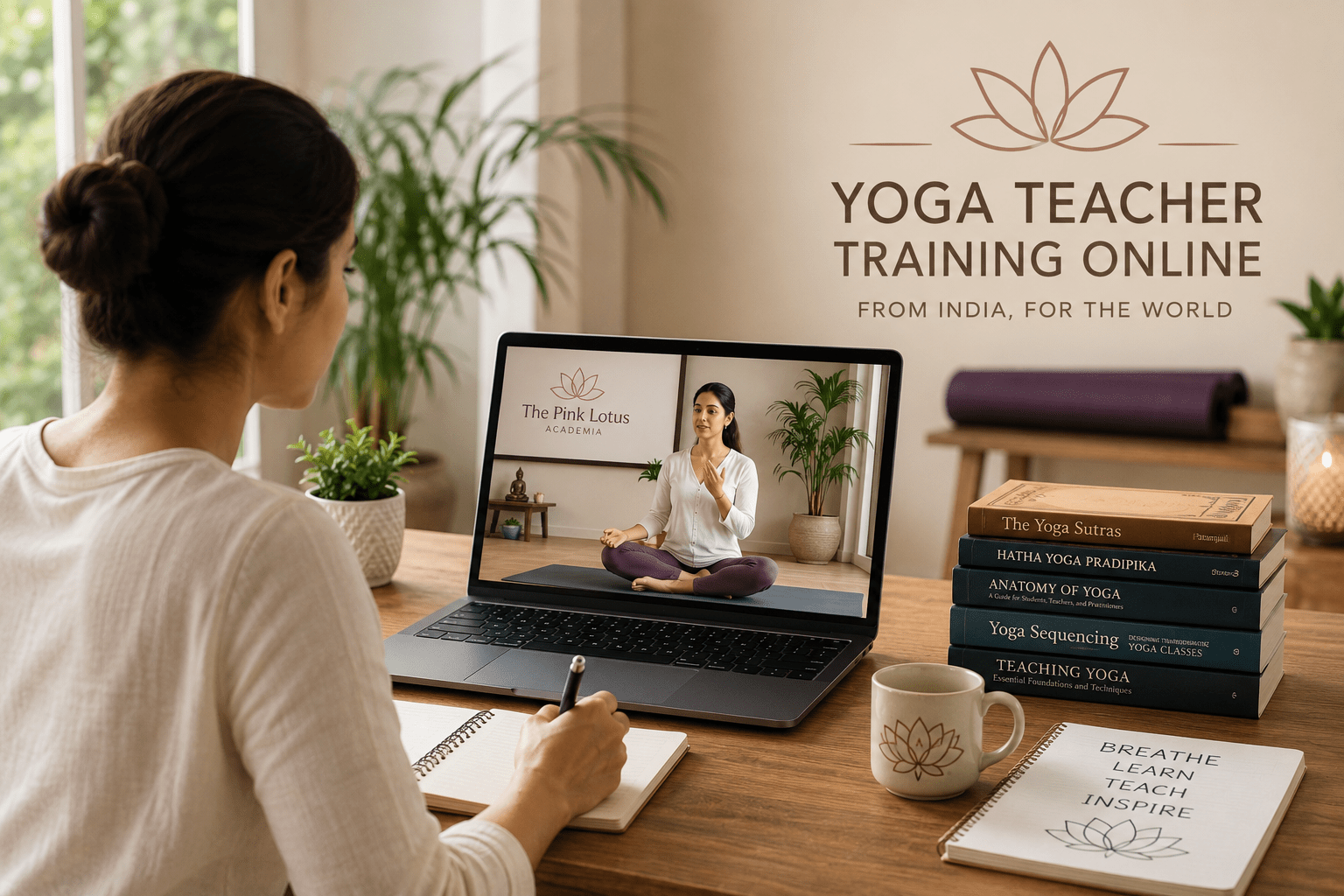 A German student attending an online Yoga Teacher Training Certification course with an Indian yoga instructor through The Pink Lotus Academia.