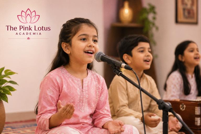 Young children learning Hindustani Classical vocal music at The Pink Lotus Academia in GK2 and CR Park, South Delhi.