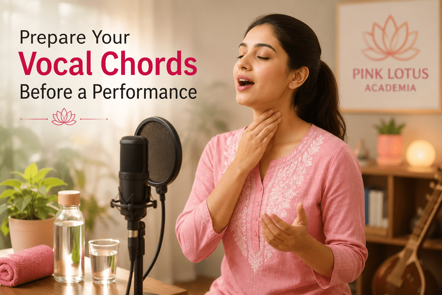 Vocal student warming up before a singing performance using proper vocal exercises and breathing techniques at Pink Lotus Academia.