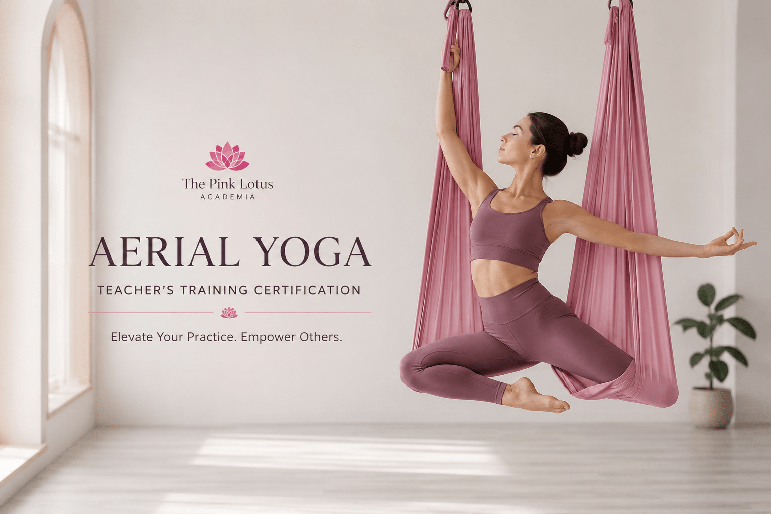 Student performing aerial yoga during an Aerial Yoga Teacher's Training Certification course at The Pink Lotus Academia in India.